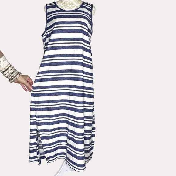 Matty M Midi Dress Knit Coastal Stripe Blue Sleeveless L bv - Picture 2 of 6